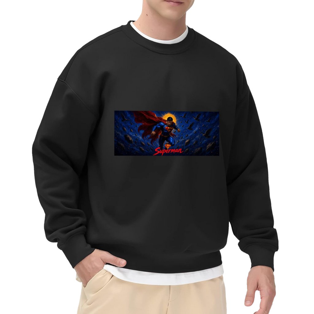 On-model product photo: men's crewneck sweatshirt bearing a flying caped figure across a narrow deep-blue cosmic scene