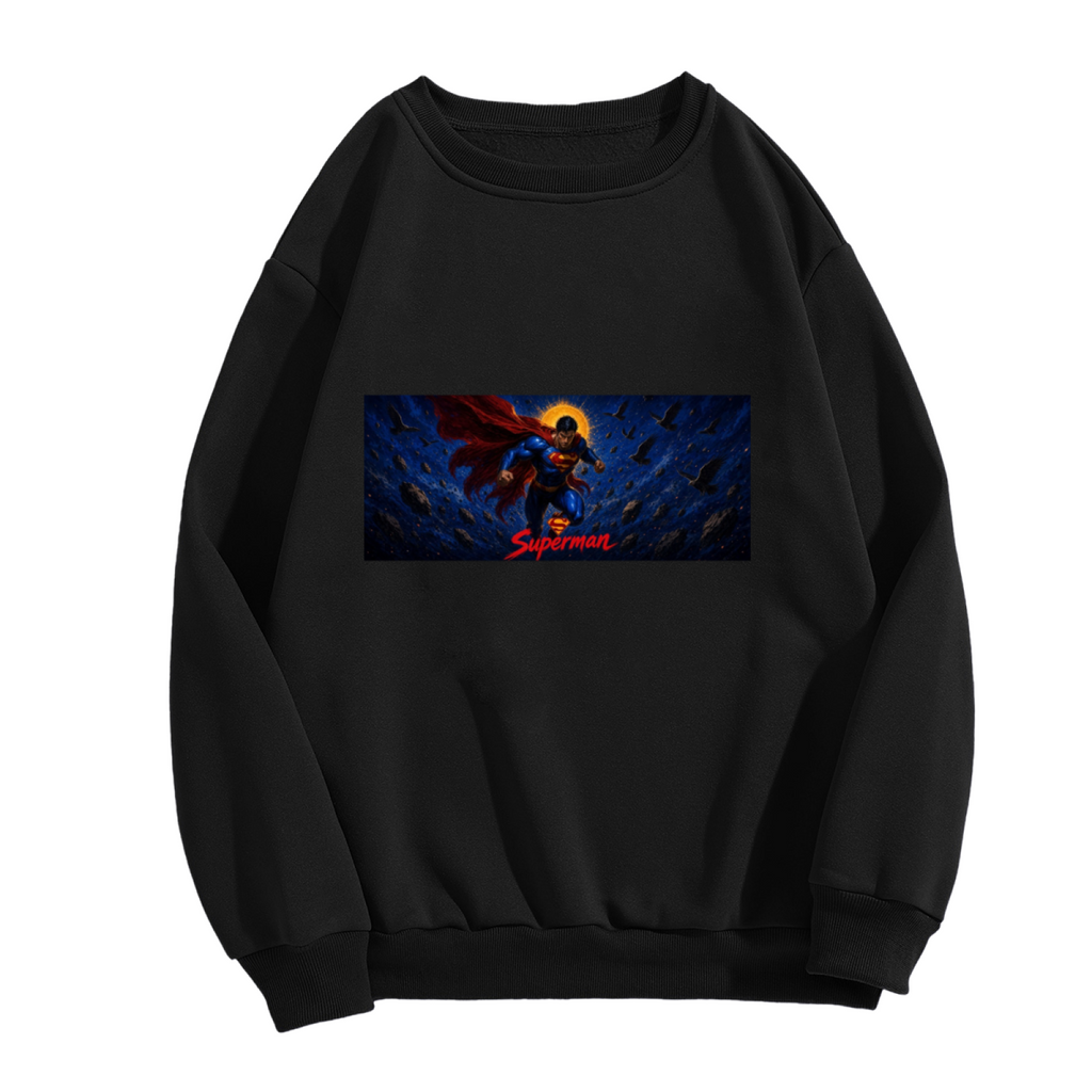 Men's crewneck sweatshirt photographed alone, with a flying caped figure across a narrow deep-blue cosmic scene on the front
