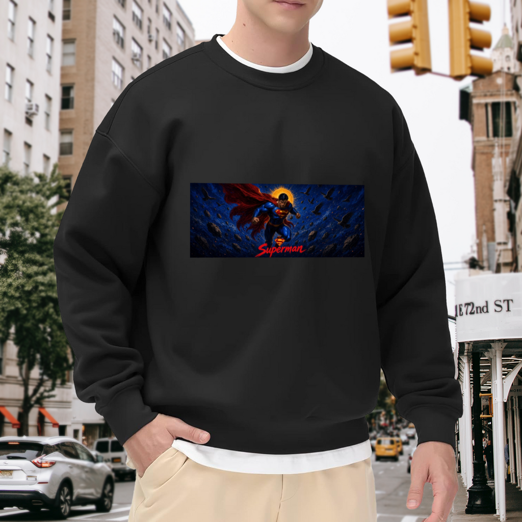 Lifestyle image outdoors: men's crewneck sweatshirt with a front graphic of a flying caped figure across a narrow deep-blue cosmic scene