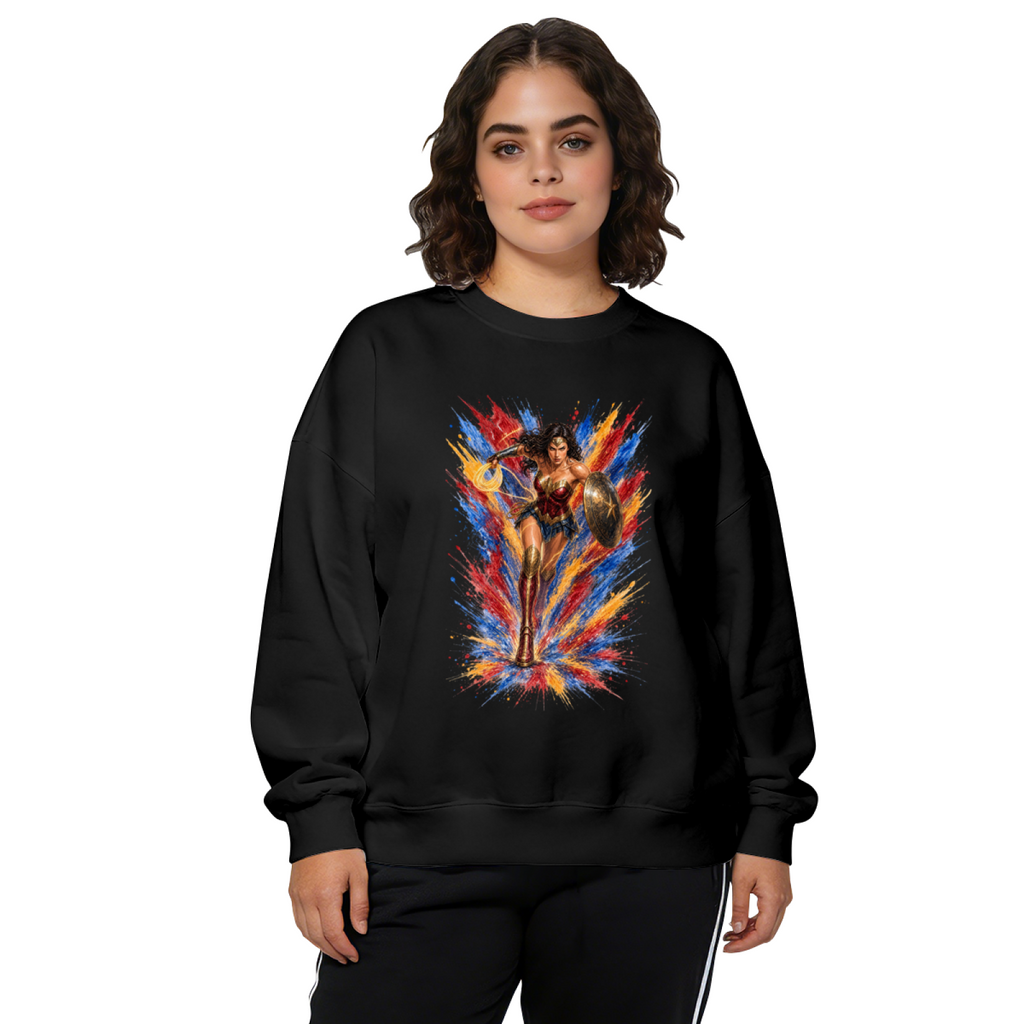A shield-bearing warrior with a lasso amid jagged multicolored paint strokes printed on a women's crewneck sweatshirt, shown in a front model photo