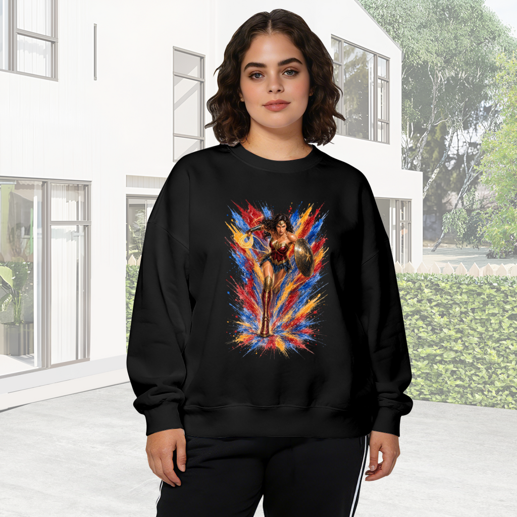 On-location model photograph displaying a shield-bearing warrior with a lasso amid jagged multicolored paint strokes on the front of a women's crewneck sweatshirt