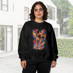 On-location model photograph displaying a shield-bearing warrior with a lasso amid jagged multicolored paint strokes on the front of a women's crewneck sweatshirt