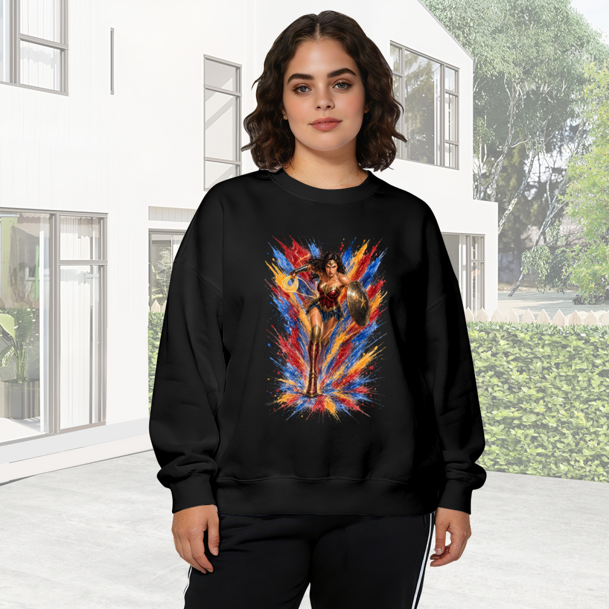 On-location model photograph displaying a shield-bearing warrior with a lasso amid jagged multicolored paint strokes on the front of a women's crewneck sweatshirt