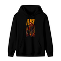 A jacketed figure amid lightning in a tall street-style illustration shown on the front of a men's hoodie in a standalone product shot