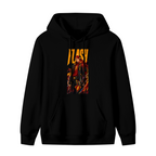 A jacketed figure amid lightning in a tall street-style illustration shown on the front of a men's hoodie in a standalone product shot