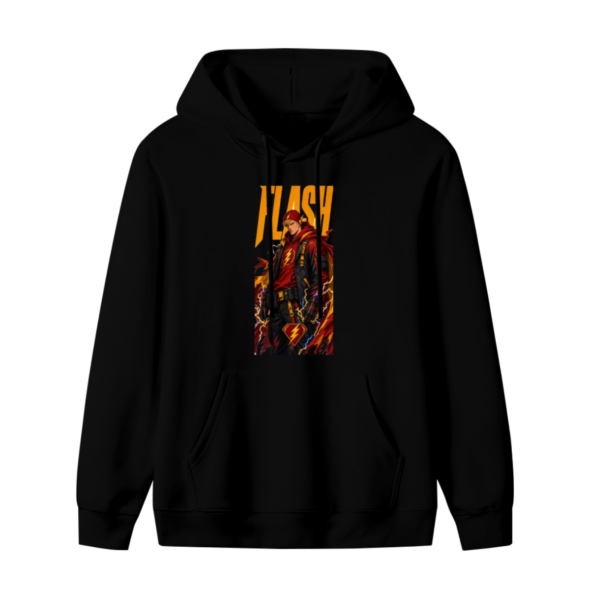 A jacketed figure amid lightning in a tall street-style illustration shown on the front of a men's hoodie in a standalone product shot