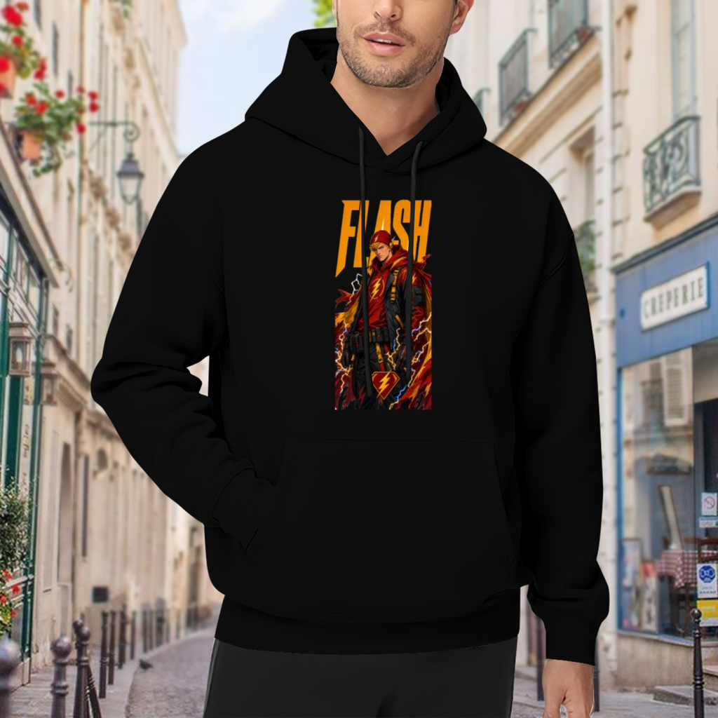 Outdoor photograph of a model in a men's hoodie bearing a jacketed figure amid lightning in a tall street-style illustration