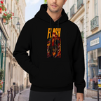 Outdoor photograph of a model in a men's hoodie bearing a jacketed figure amid lightning in a tall street-style illustration