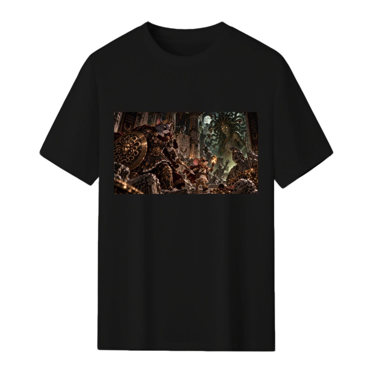 Straight-on product view of a men's T-shirt with cheeky Cat & Mouse Duo front graphic
