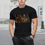 Street-style model shot in a men's T-shirt featuring cheeky Cat & Mouse Duo design