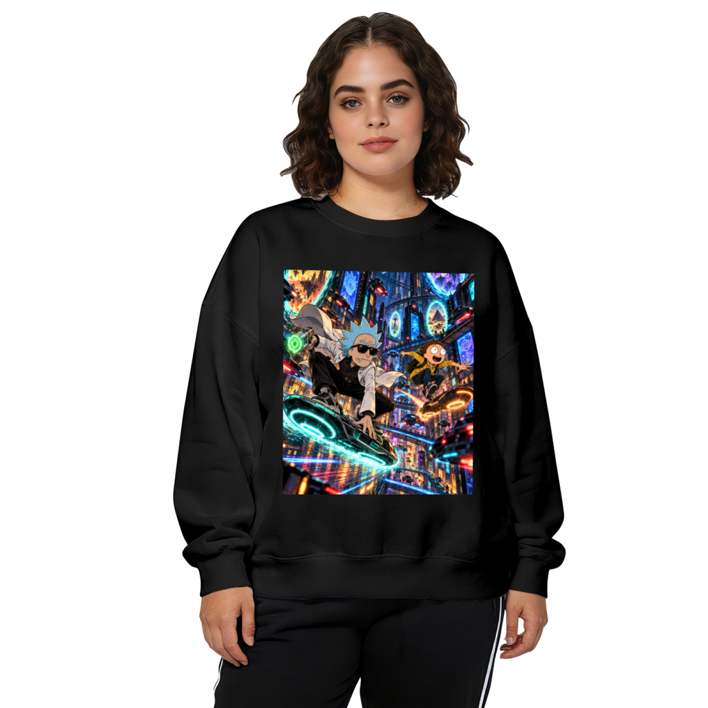 Two hoverboard riders surrounded by luminous portals printed on a women's crewneck sweatshirt, shown in a front model photo