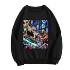 Unworn women's crewneck sweatshirt, front view of the design depicting two hoverboard riders surrounded by luminous portals