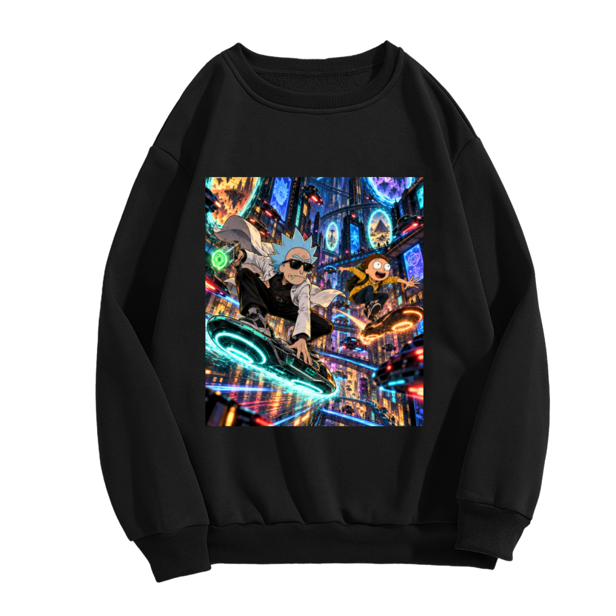 Unworn women's crewneck sweatshirt, front view of the design depicting two hoverboard riders surrounded by luminous portals