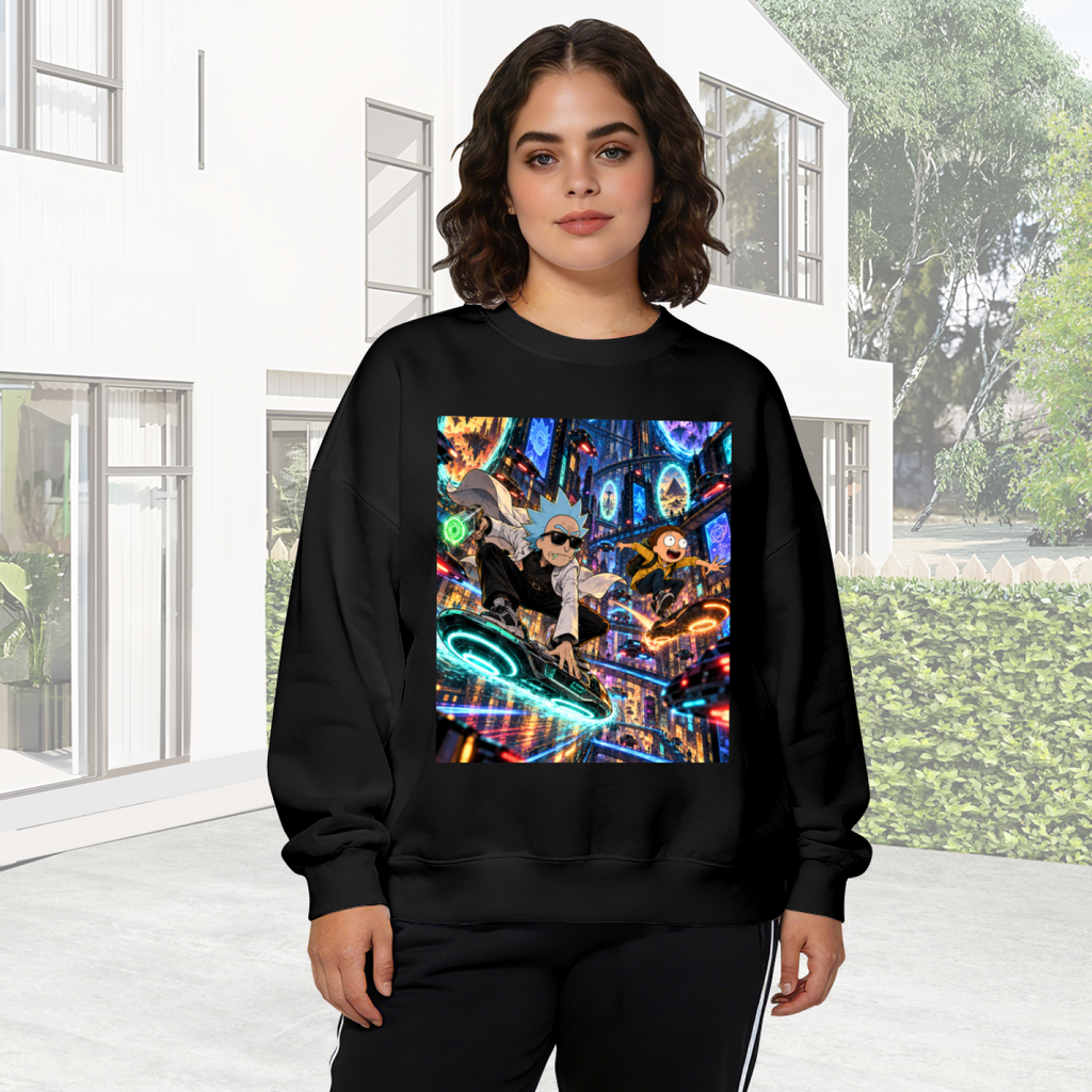 On-location model photograph displaying two hoverboard riders surrounded by luminous portals on the front of a women's crewneck sweatshirt