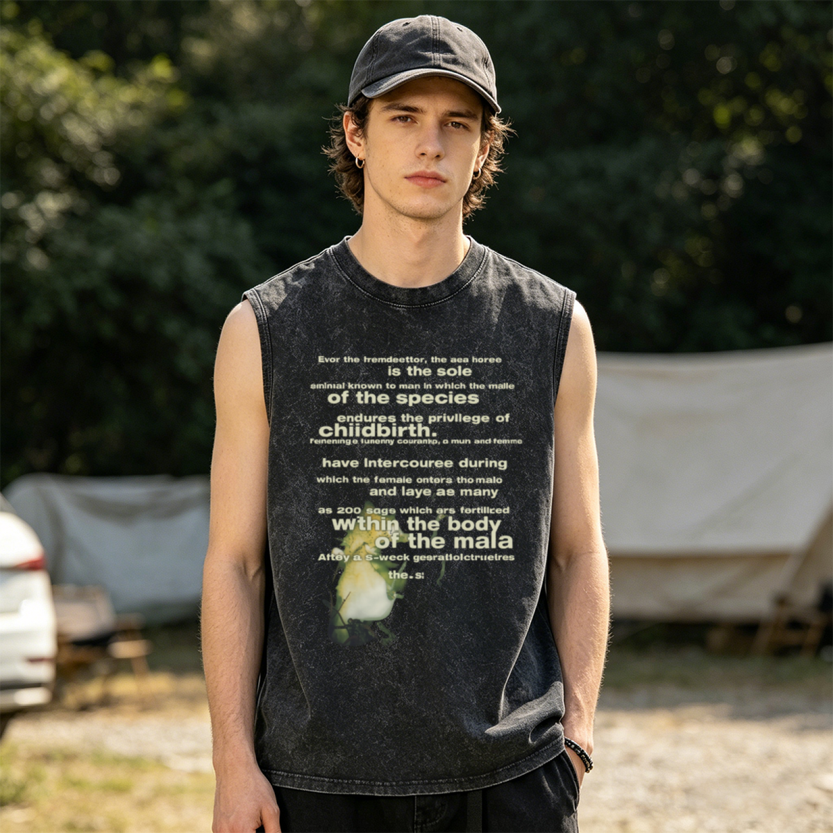 Seahorse Reproduction Graphic Unisex Washed Tank Top — product image showing the a seahorse reproduction-themed graphic design