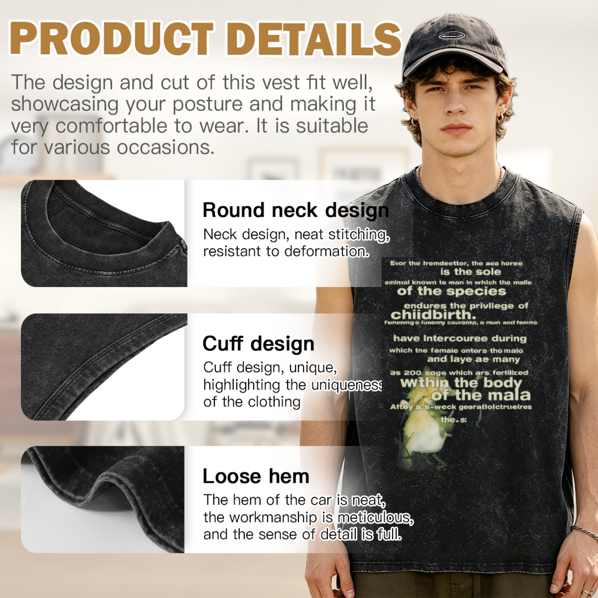 Seahorse Reproduction Graphic Unisex Washed Tank Top — product image showing the a seahorse reproduction-themed graphic design