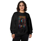Front-facing model wearing a women's crewneck sweatshirt decorated with a tall bearded graffiti portrait with a cyan X across the eyes