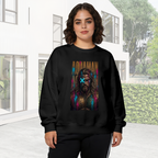 Outdoor photograph of a model in a women's crewneck sweatshirt bearing a tall bearded graffiti portrait with a cyan X across the eyes
