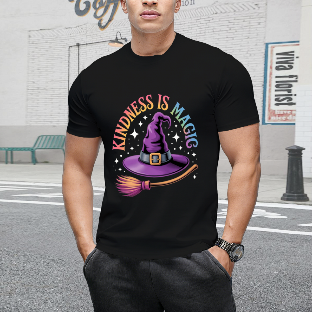 Kindness Is Magic Rainbow Pride Witch Hat Graphic T-Shirt