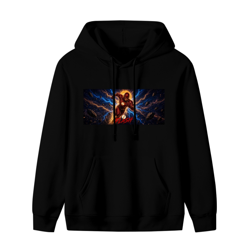 Men's hoodie photographed alone, with a runner mid-stride in a wide panel of blue lightning on the front