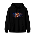 Men's hoodie photographed alone, with a runner mid-stride in a wide panel of blue lightning on the front