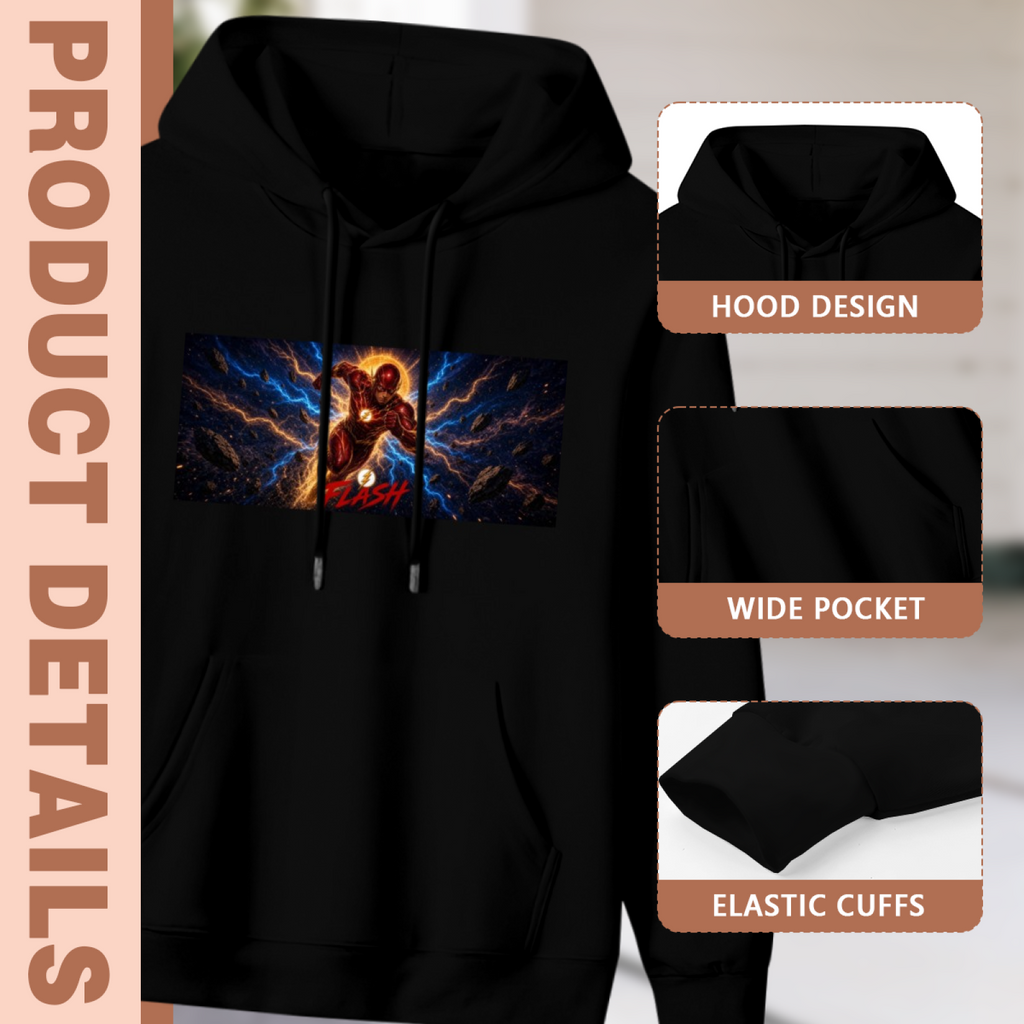 Feature collage for the men's Sprinter through Blue Light hoodie: hood shape, pouch pocket and cuff finishing