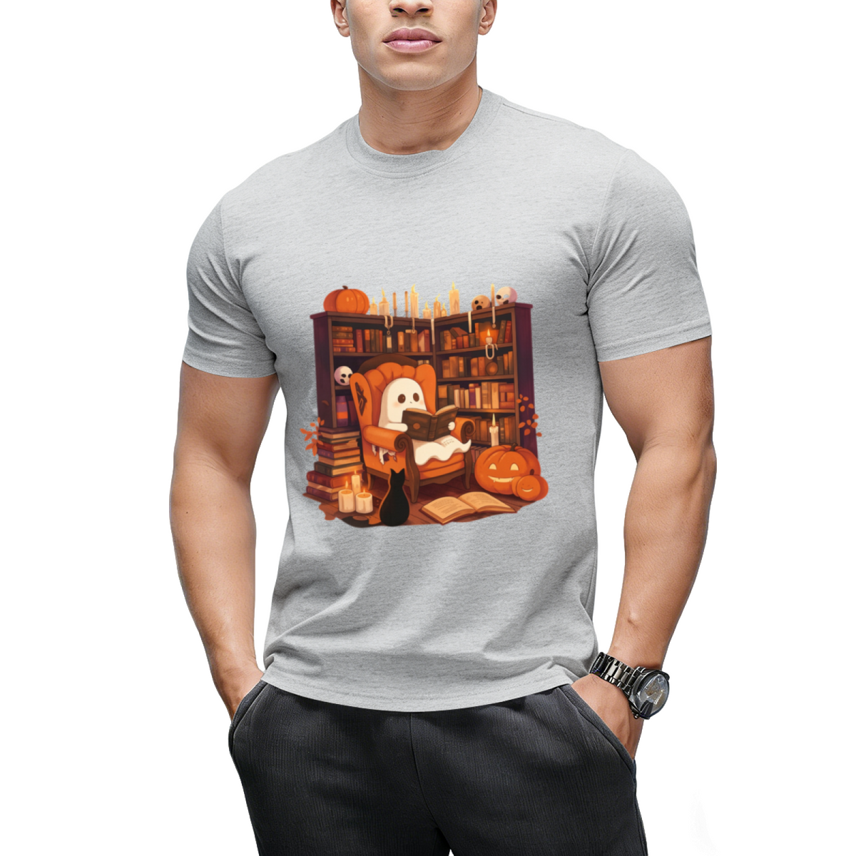 Retro Ghost Reading Books Graphic T-Shirt