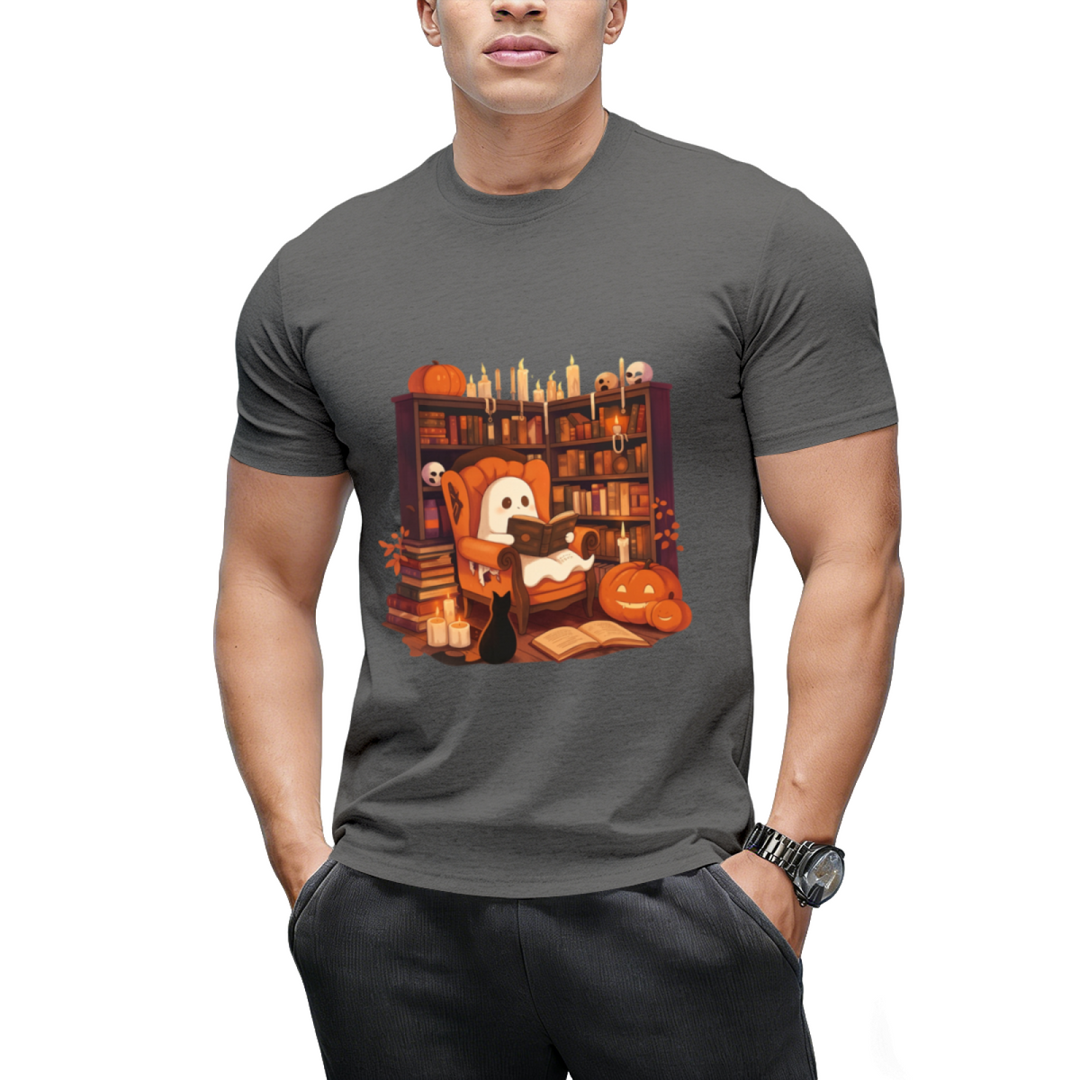Retro Ghost Reading Books Graphic T-Shirt