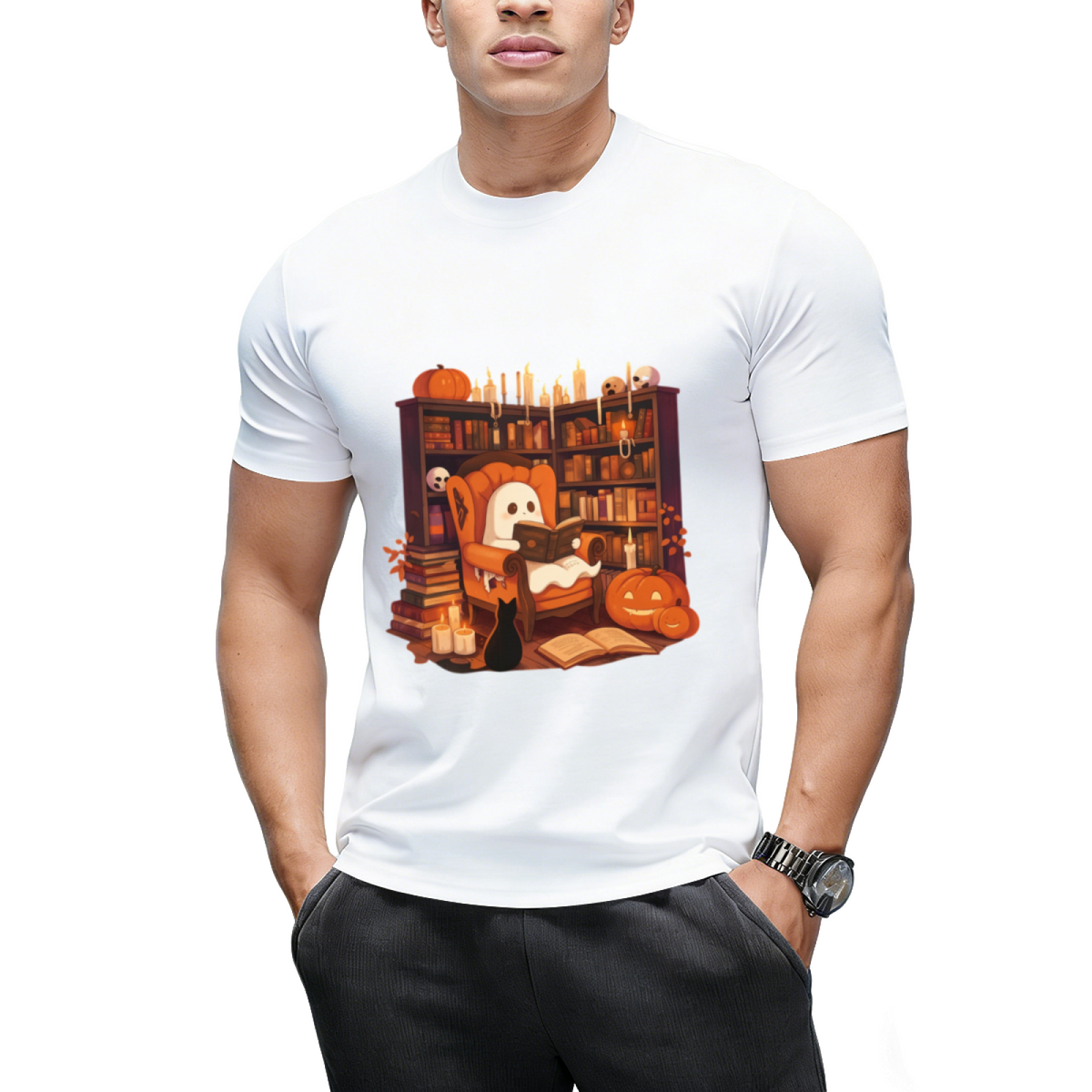 Retro Ghost Reading Books Graphic T-Shirt