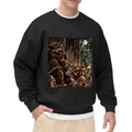 On-model product photo: men's crewneck sweatshirt bearing a shield-bearing cat confronting a large monster in a fantasy scene