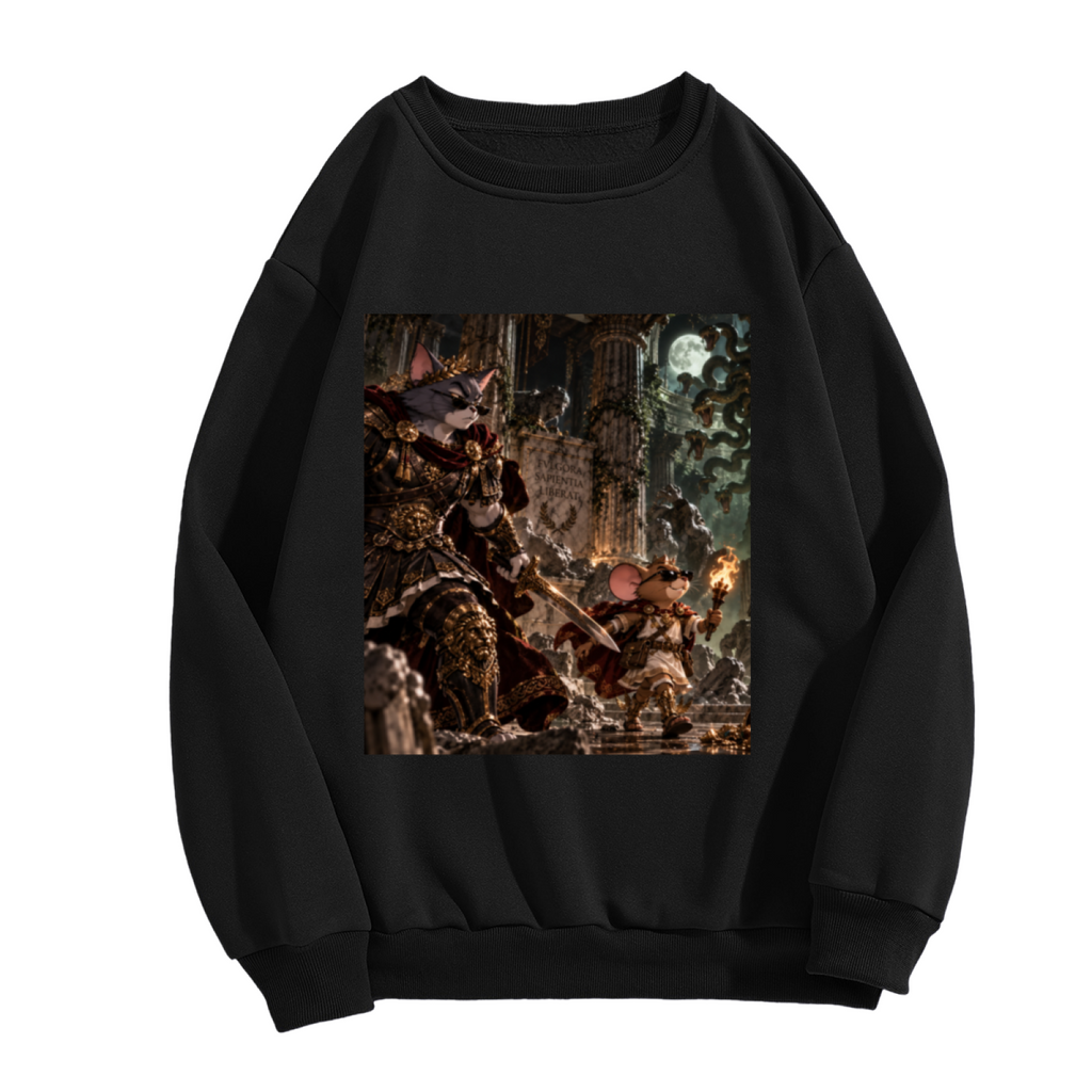 Men's crewneck sweatshirt photographed alone, with a shield-bearing cat confronting a large monster in a fantasy scene on the front
