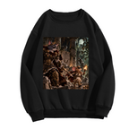 Men's crewneck sweatshirt photographed alone, with a shield-bearing cat confronting a large monster in a fantasy scene on the front