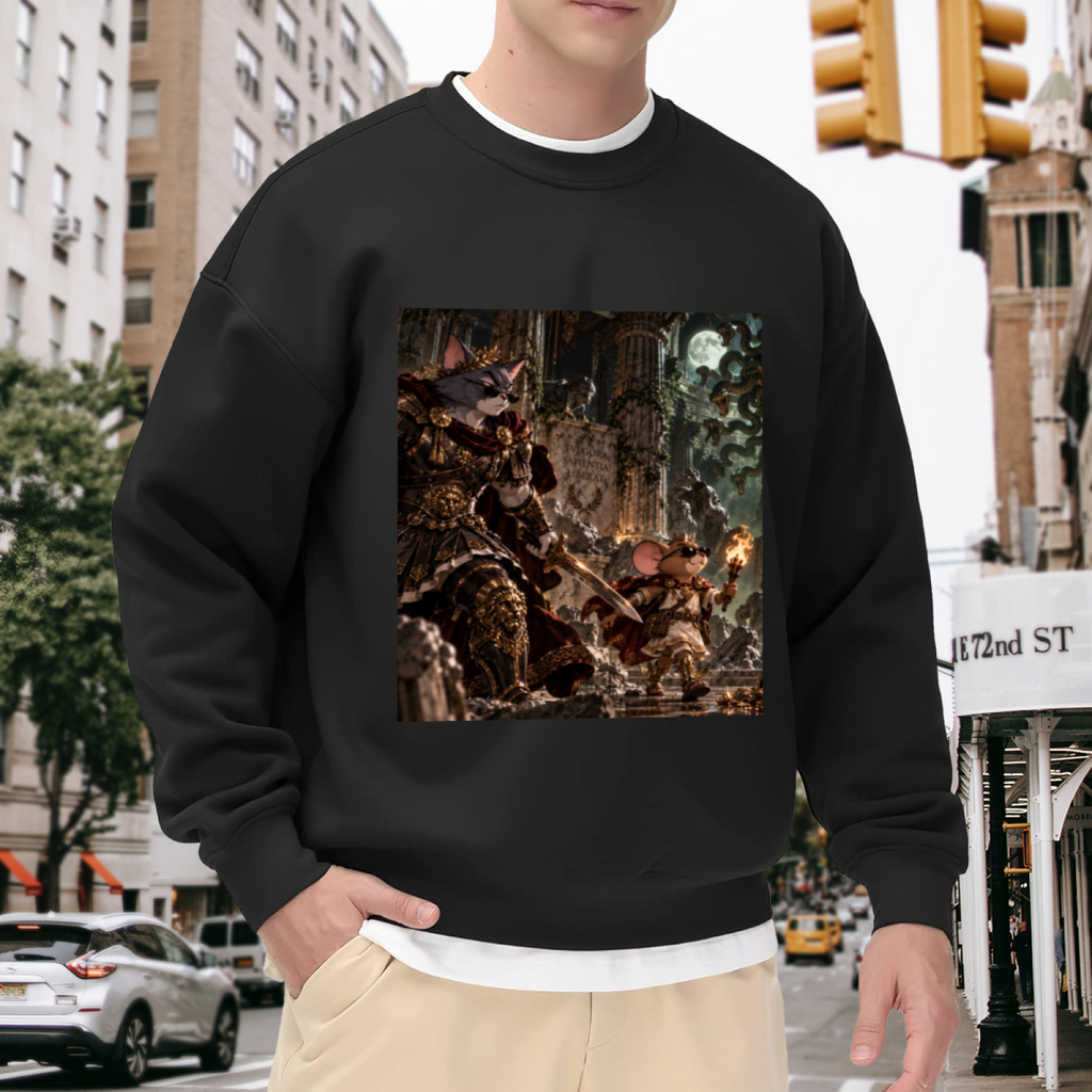 Lifestyle image outdoors: men's crewneck sweatshirt with a front graphic of a shield-bearing cat confronting a large monster in a fantasy scene