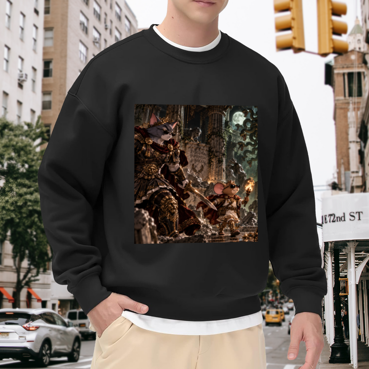 Lifestyle image outdoors: men's crewneck sweatshirt with a front graphic of a shield-bearing cat confronting a large monster in a fantasy scene