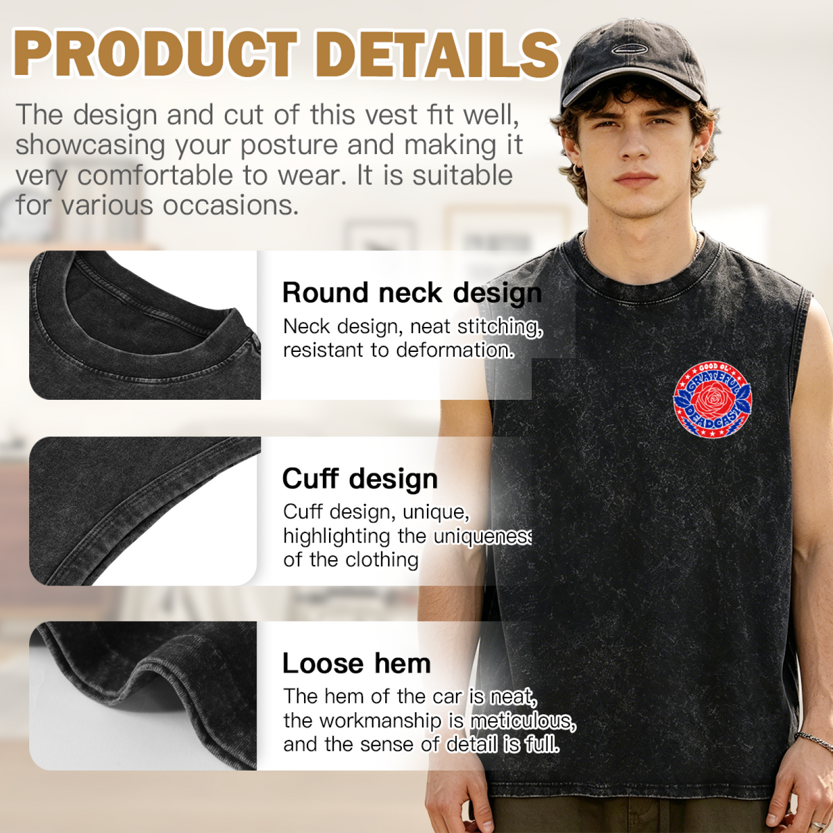 Grateful Dead washed graphic tank top with Grateful Deadcast Rose Badge graphic