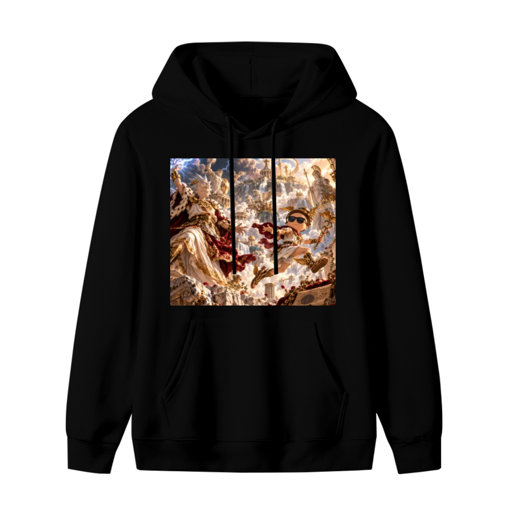 Men's hoodie photographed alone, with a fantasy duel amid lightning inside an ornate palace hall on the front