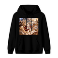 Men's hoodie photographed alone, with a fantasy duel amid lightning inside an ornate palace hall on the front