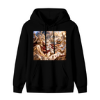Men's hoodie photographed alone, with a fantasy duel amid lightning inside an ornate palace hall on the front