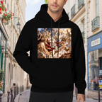 Lifestyle image outdoors: men's hoodie with a front graphic of a fantasy duel amid lightning inside an ornate palace hall