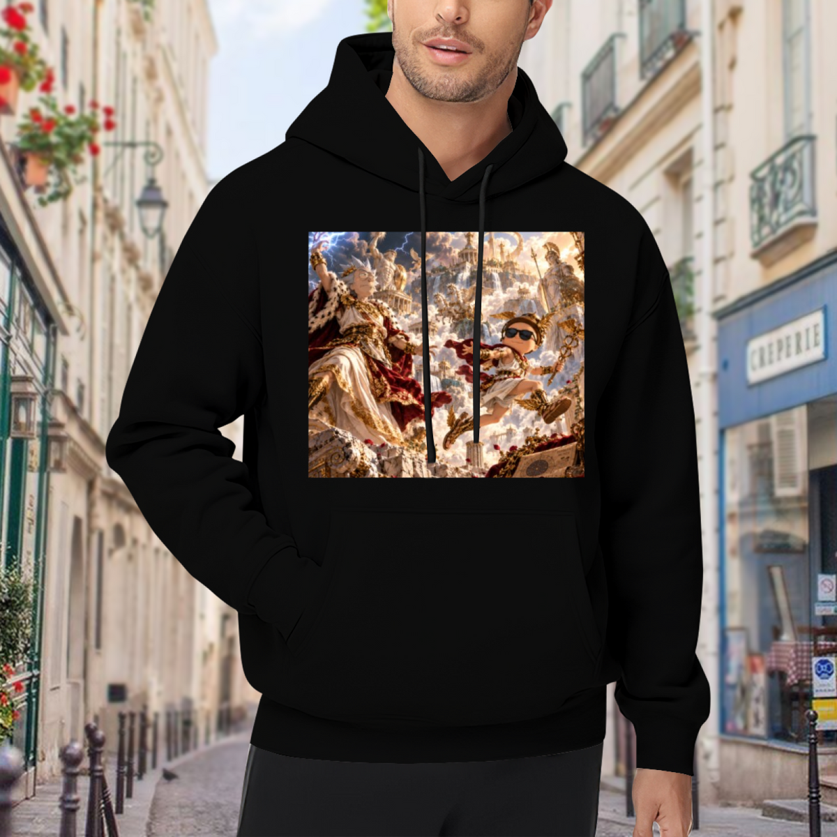 Lifestyle image outdoors: men's hoodie with a front graphic of a fantasy duel amid lightning inside an ornate palace hall