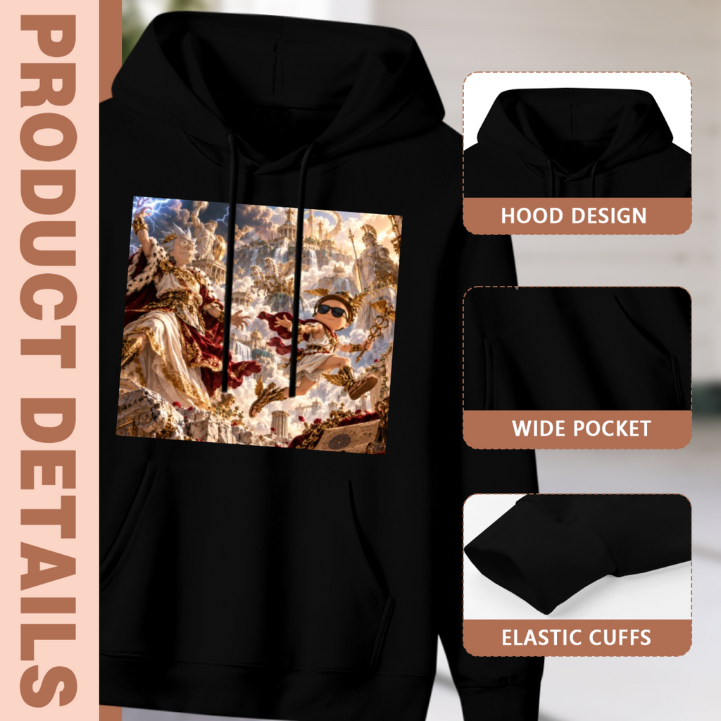 Feature collage for the men's Thunder inside the Great Hall hoodie: hood shape, pouch pocket and cuff finishing