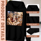 Feature collage for the men's Thunder inside the Great Hall hoodie: hood shape, pouch pocket and cuff finishing