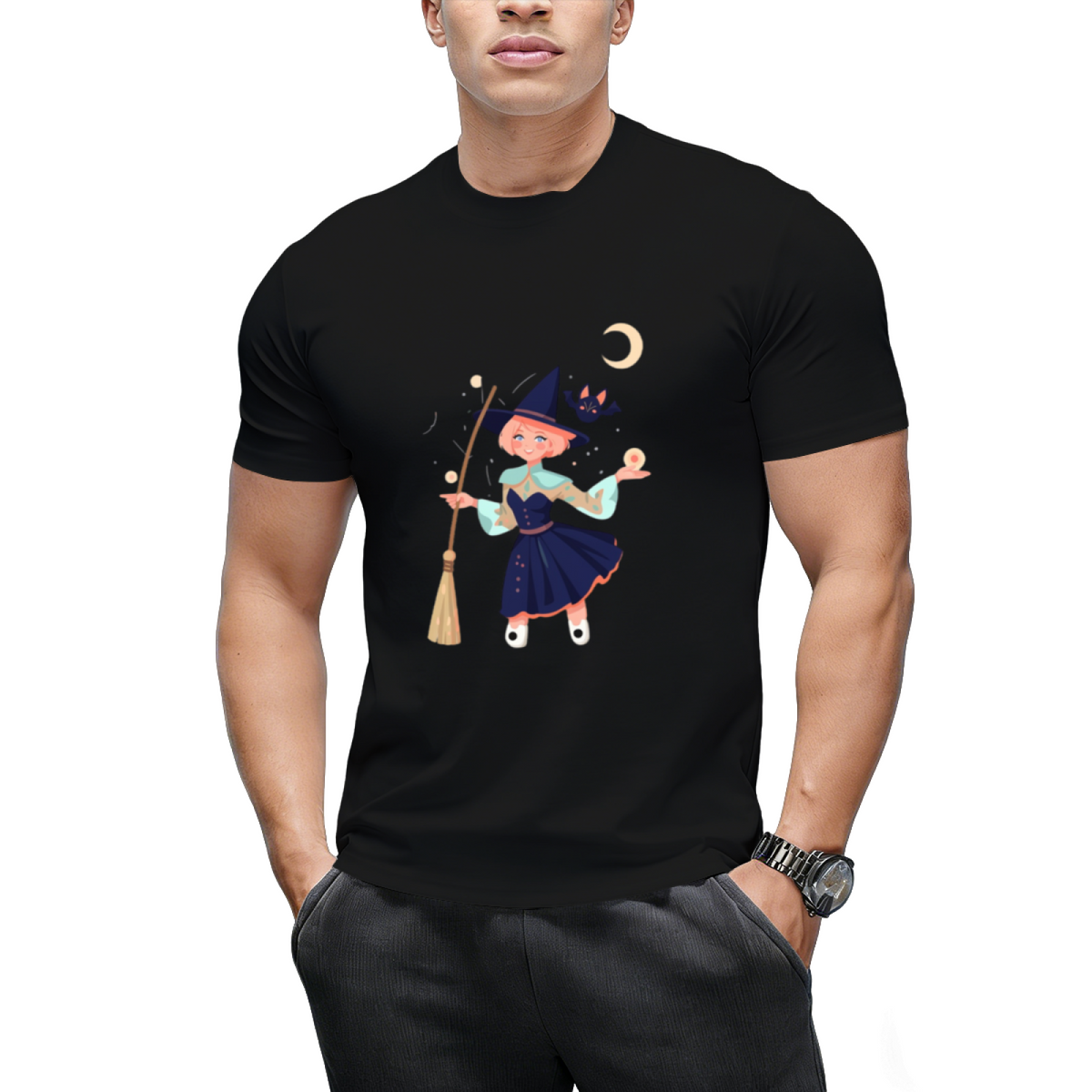 Crescent Moon Cartoon Witch Graphic T-Shirt
