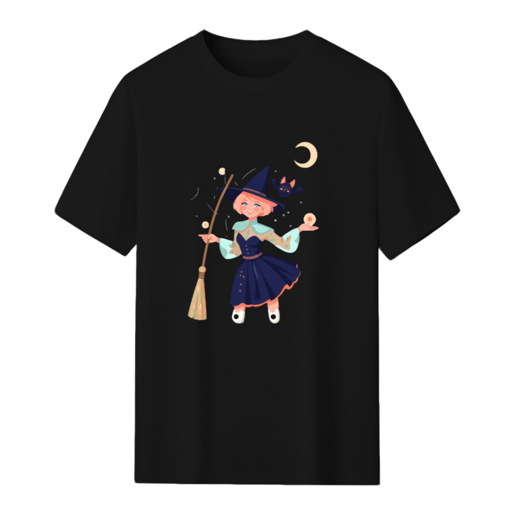 Crescent Moon Cartoon Witch Graphic T-Shirt