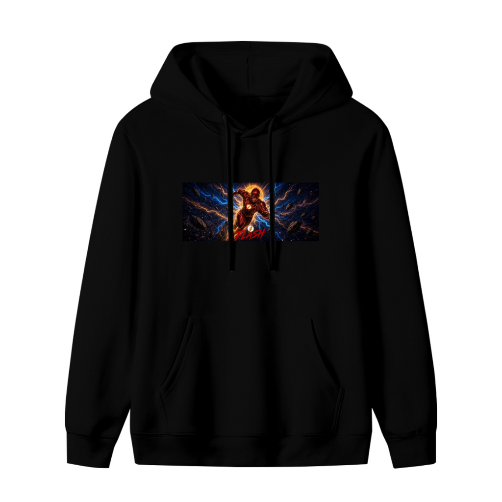 A runner mid-stride in a wide panel of blue lightning shown on the front of a women's hoodie in a standalone product shot
