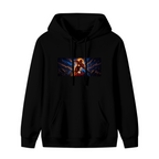 A runner mid-stride in a wide panel of blue lightning shown on the front of a women's hoodie in a standalone product shot