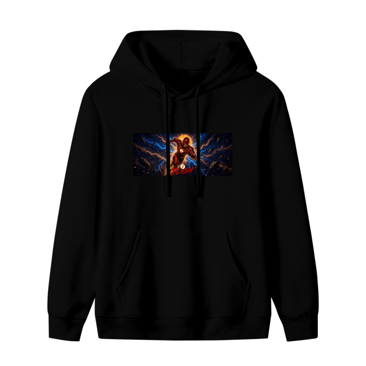 A runner mid-stride in a wide panel of blue lightning shown on the front of a women's hoodie in a standalone product shot