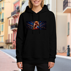 Outdoor photograph of a model in a women's hoodie bearing a runner mid-stride in a wide panel of blue lightning