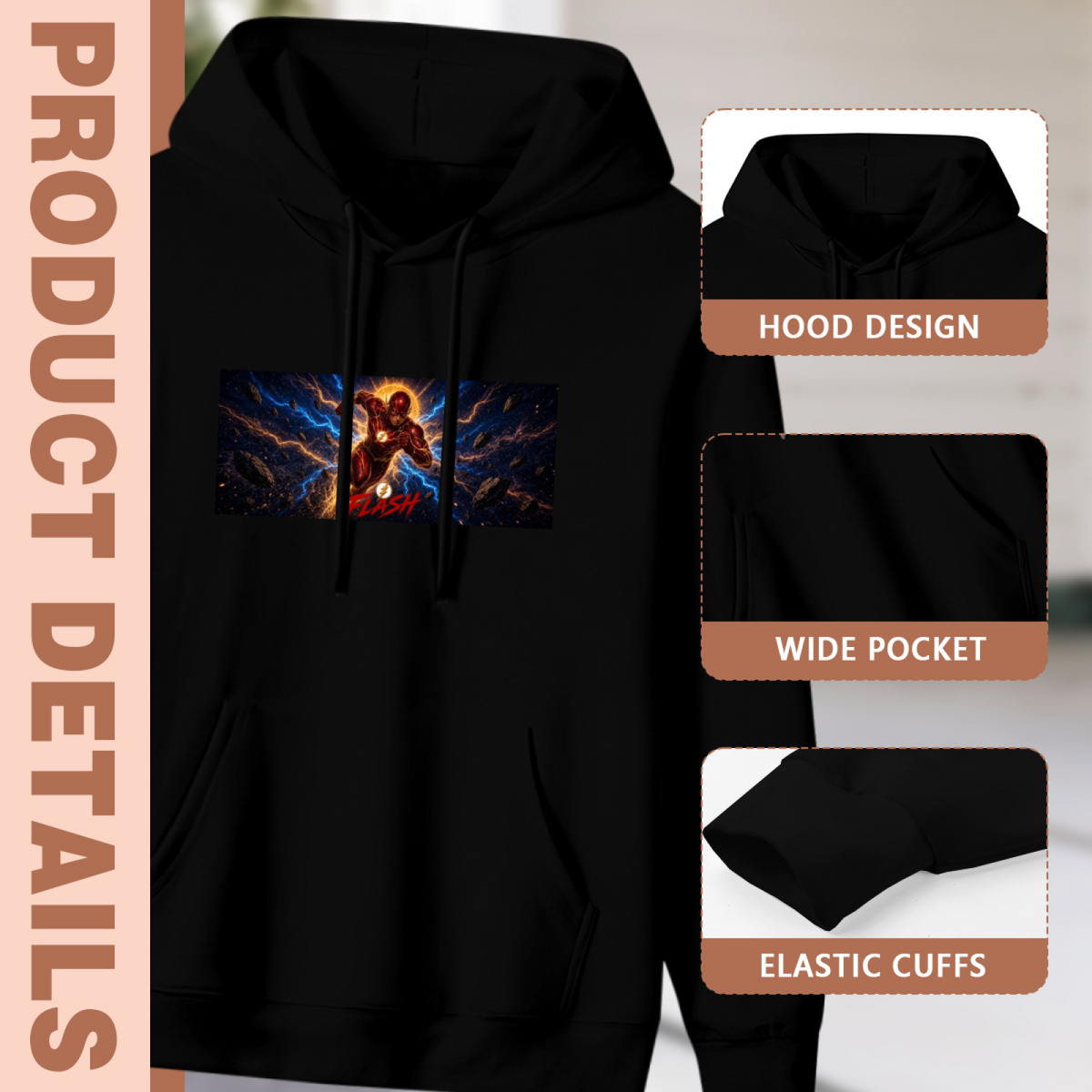 Hood, pouch pocket and sleeve-cuff detail images accompanying the women's Lightning across the Run hoodie