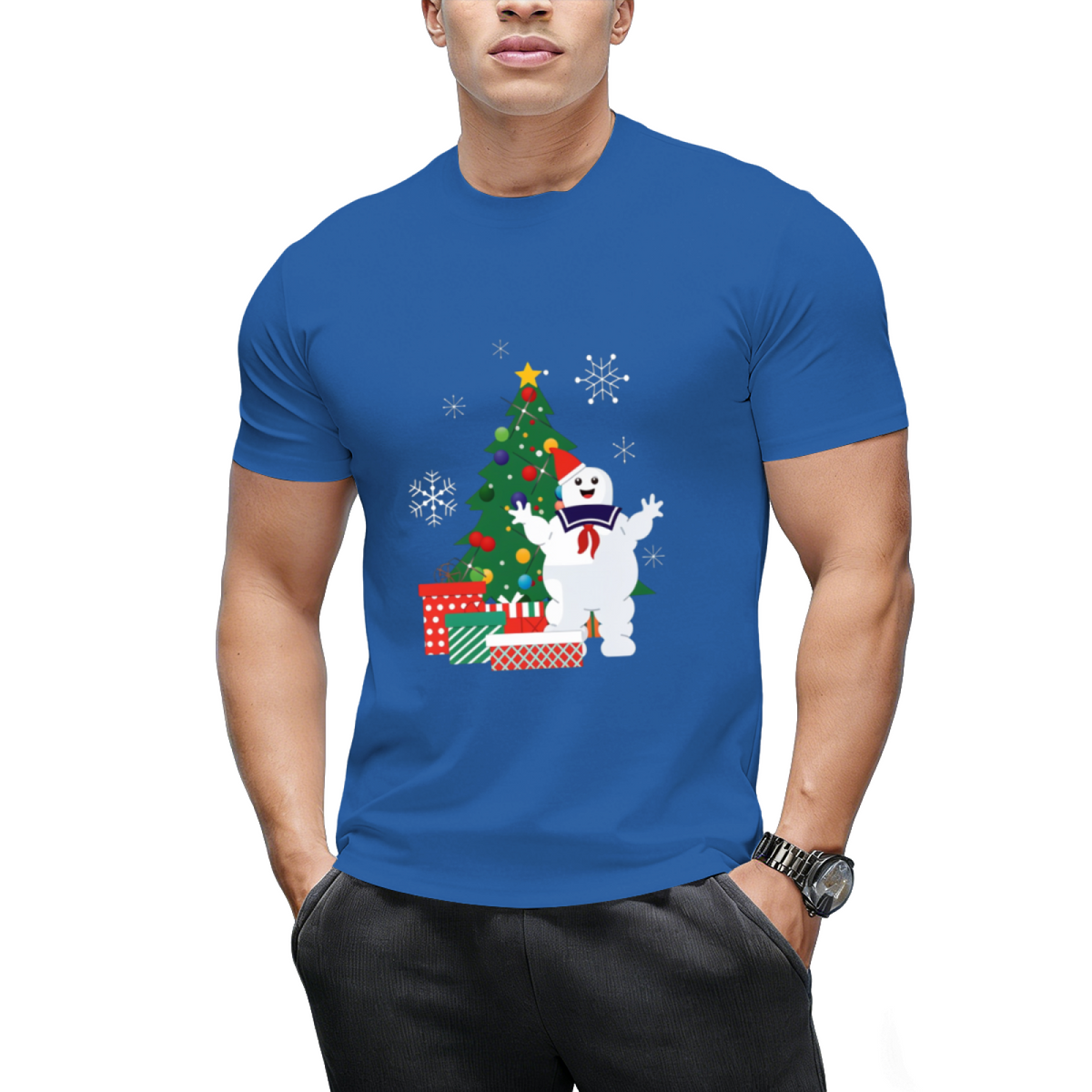 Stay Puft Ghostbusters Around the Christmas Tree Graphic T-Shirt